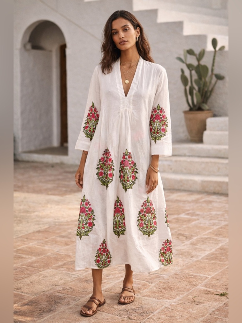 New Ama Nomad‎ White Floral Kaftan Maxi Dress Prairie Bohemian Peasant